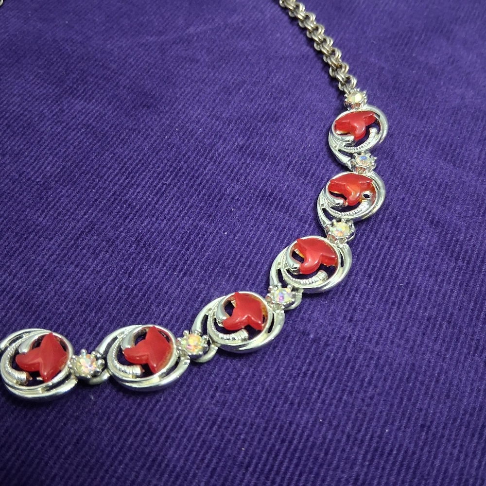 Vintage Charel Cherry Moonglow Necklace Thermoset Hook Closure Silvertone - Picture 12 of 17